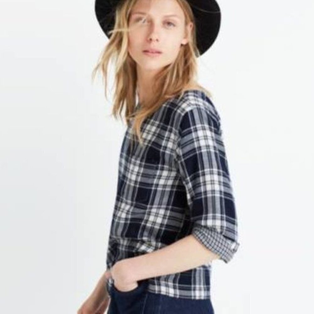 Madewell Herald Tee in Curtis Plaid Blue Crop Fit Soft Flannel Shirt Top sz XXS‎